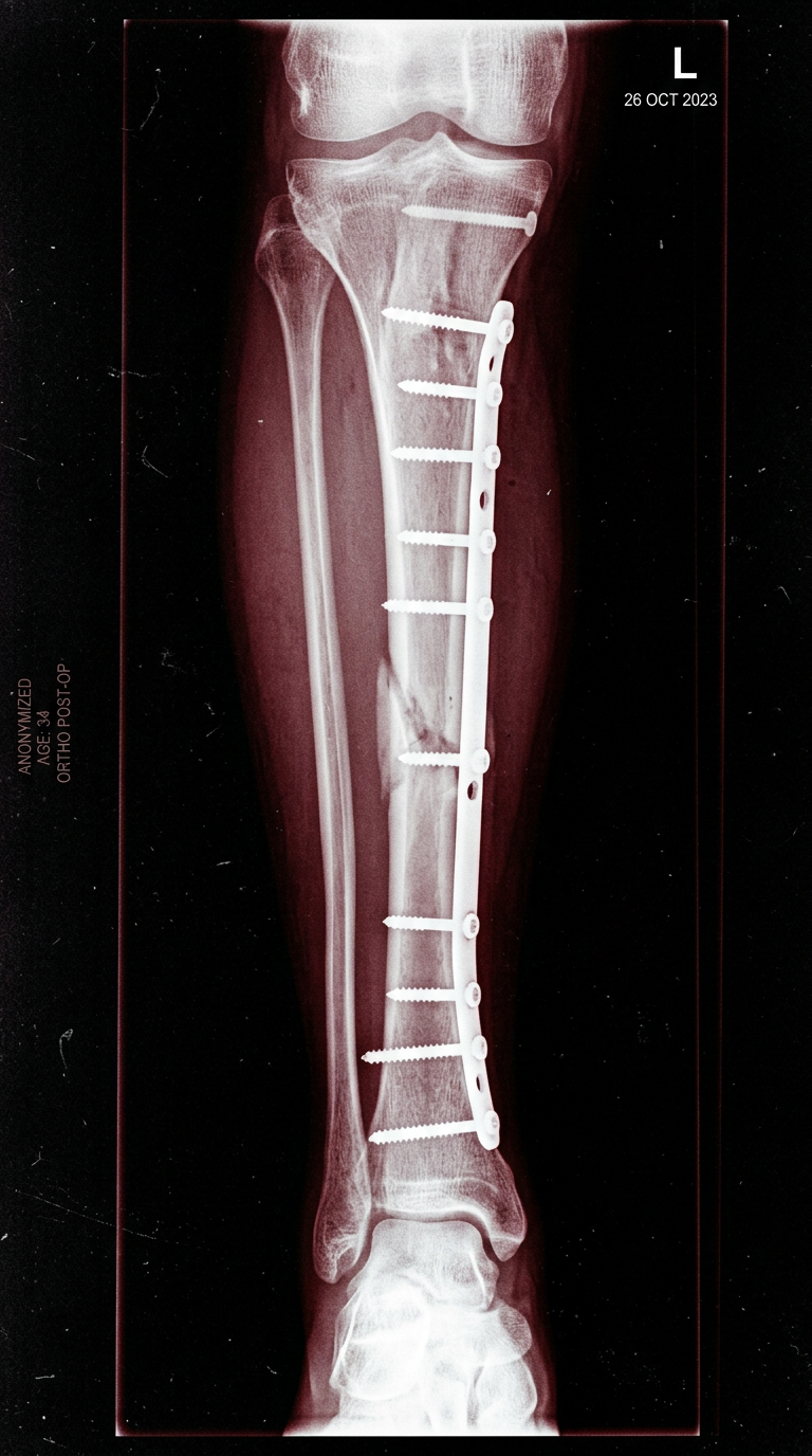 X-ray showing orthopedic titanium plates and screws fixing a reconstructed bone